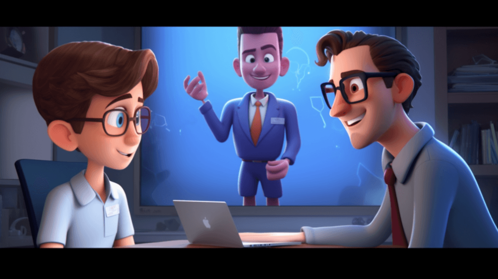La imagen muestra un tutor virtual, representado como un personaje animado en una pantalla, interactuando con un estudiante. El tutor brinda retroalimentación y orientación personalizada, mientras el estudiante está comprometido y receptivo.